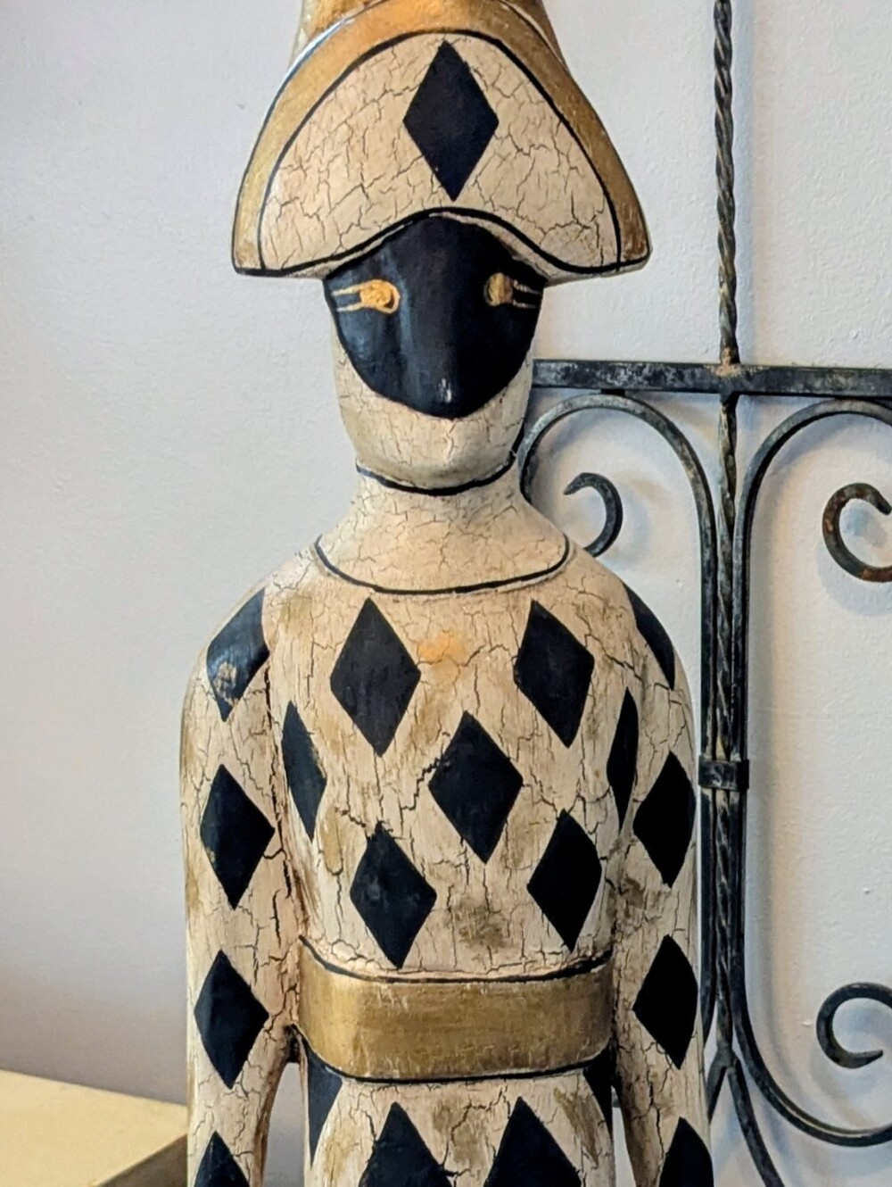 Handcrafted Harlequin Floor Statue in Black and Cream - Picture 2 of 6